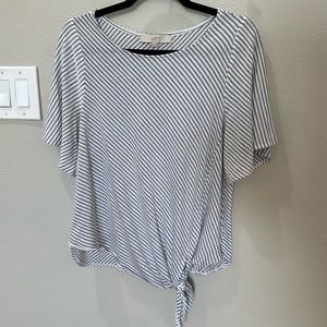 LOFT Women’s White and Black Short Sleeve Top with Stripes and Tie Front, Size M